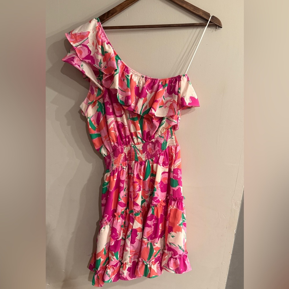 MEET ME IN SANTORINI Women's Pink Floral One Shoulder Ruffle Mini Dress Size L